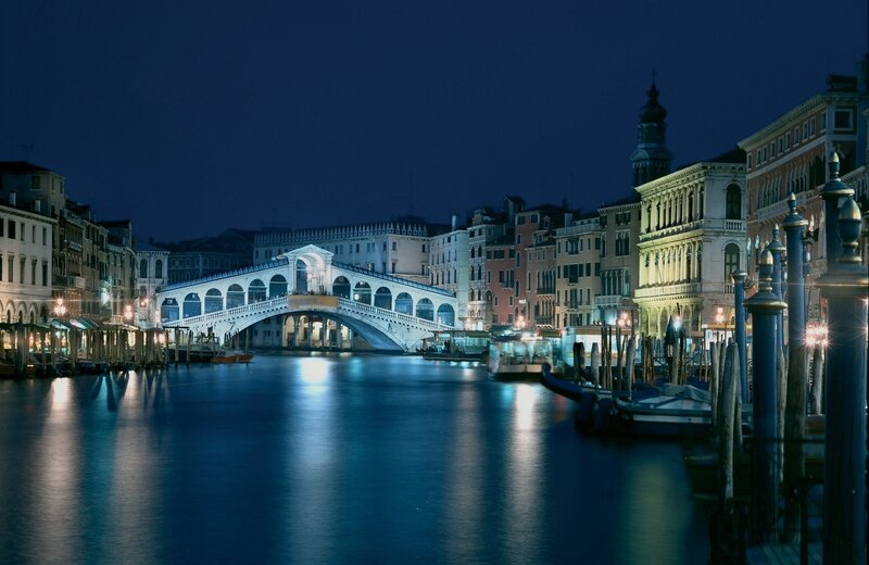 Rialto Bridge at night in Venice