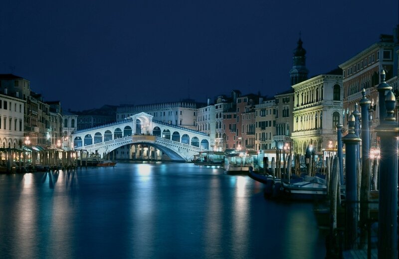 Rialto Bridge at night in Venice