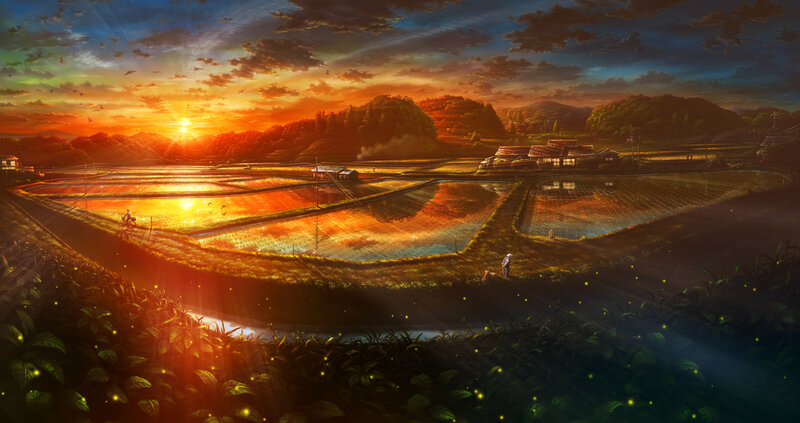 Rice Paddies at Sunset — Orange, Serene, Anime
