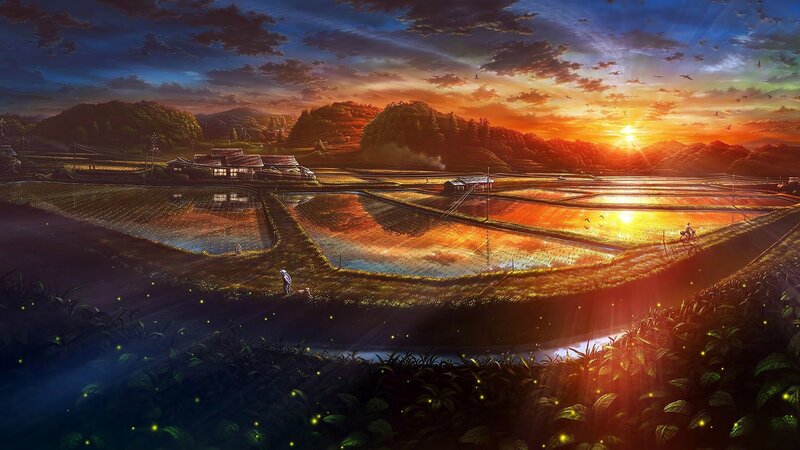 Rice Paddies at Sunset — Orange, Serene, Digital Art, Farmhouse