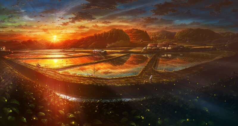 Rice Paddies at Sunset — Orange, Serene, Digital Art, Farmland