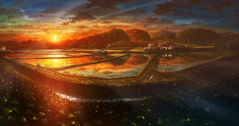Rice Paddies at Sunset — Orange, Serene, Digital Art