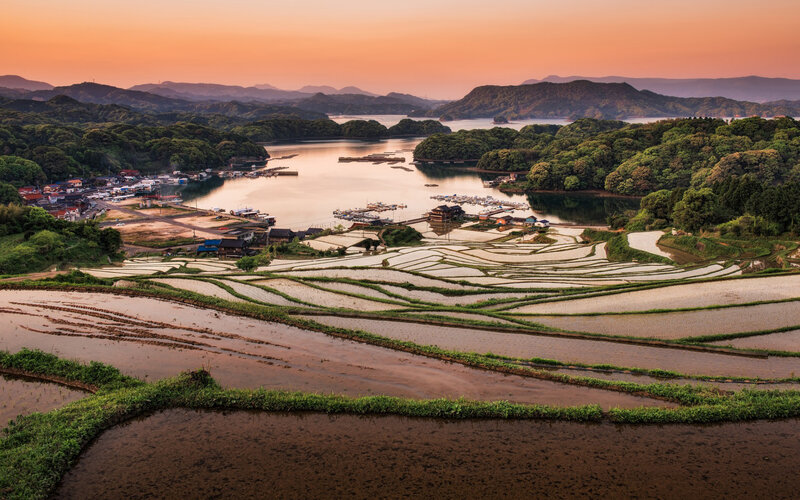 Rice Paddies at Sunset — Orange, Serene, Photograph, Village
