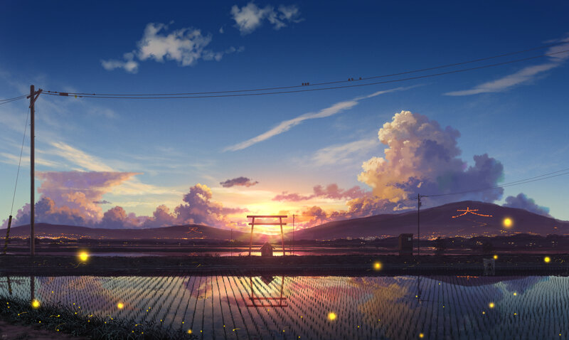 Rice Paddy at Sunset — Blue, Serene, Anime
