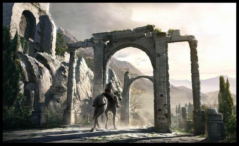 Rider at ancient ruins