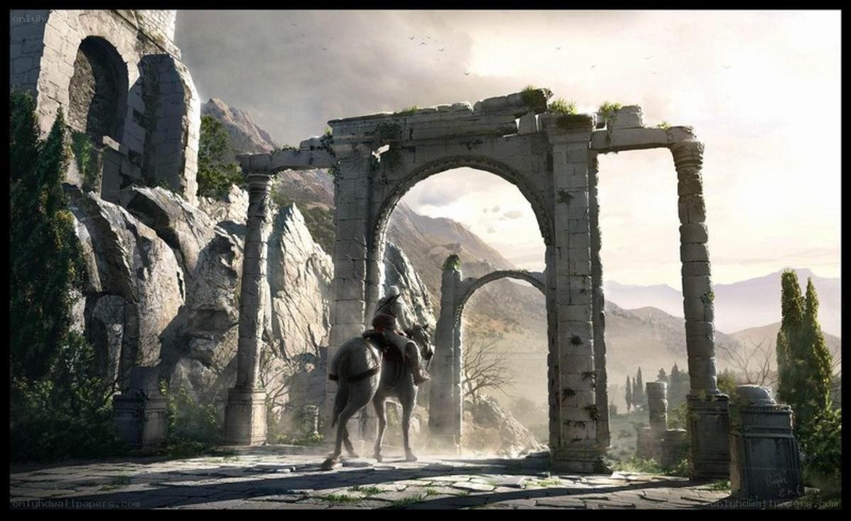 Rider at ancient ruins