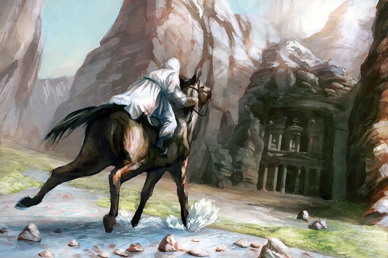 Rider crossing a stream near Petra
