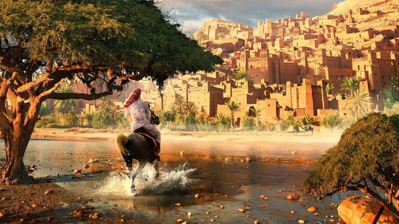 Rider crossing river near ancient city