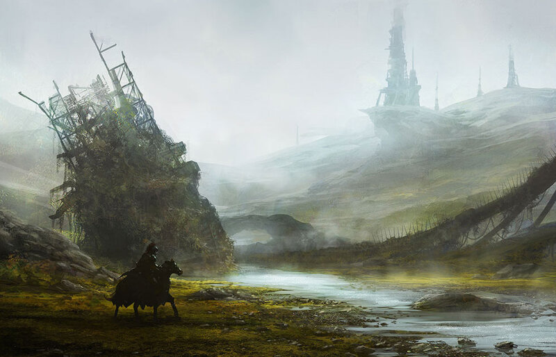 Rider in a post-apocalyptic landscape