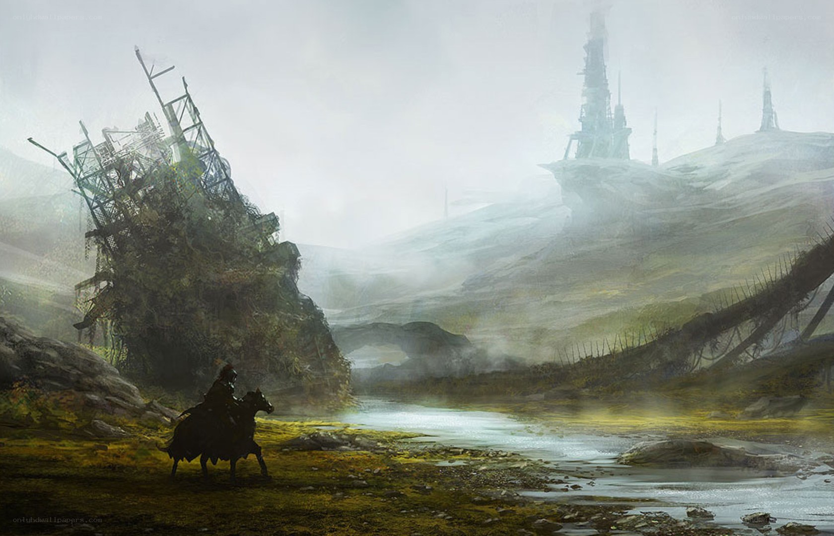 Rider in a post-apocalyptic landscape
