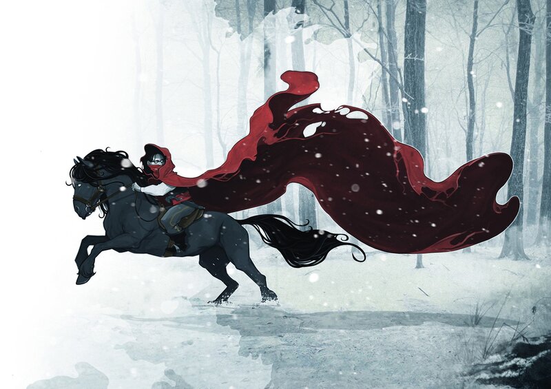Rider in red cloak on horse
