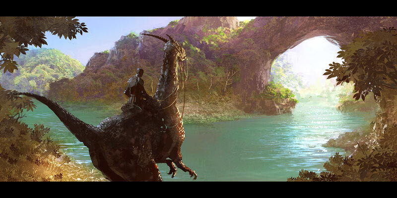 Rider on a dinosaur near a river
