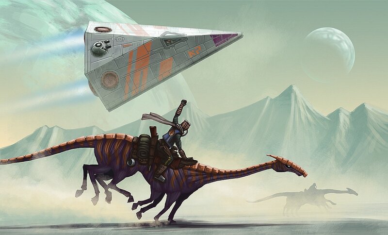 Rider on a dinosaur with a spaceship