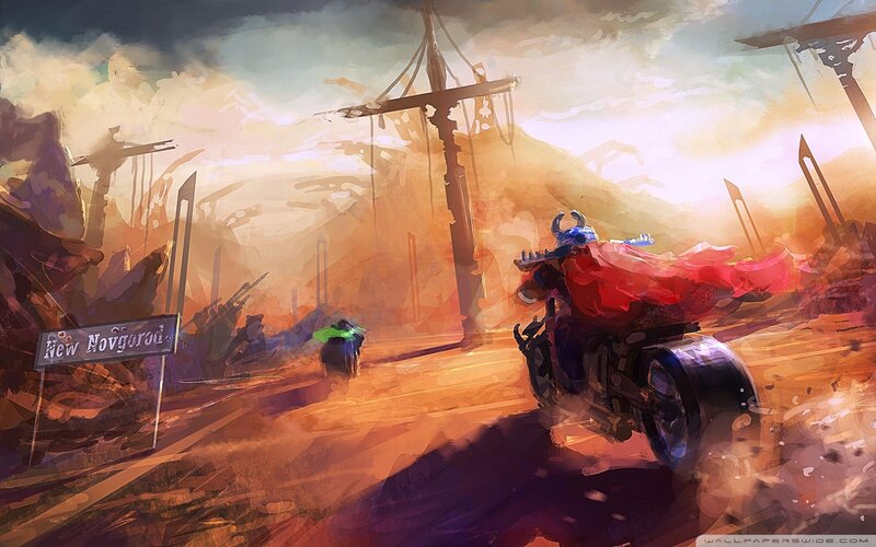 Rider on a motorcycle in a post-apocalyptic world