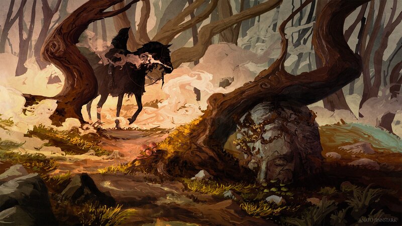 Rider on Black Horse — Brown, Dramatic