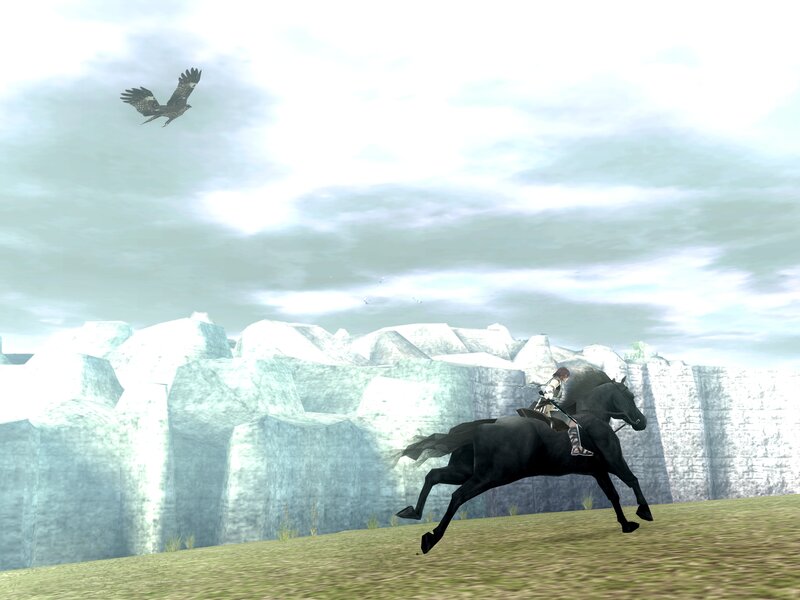 rider on black horse in mountain landscape