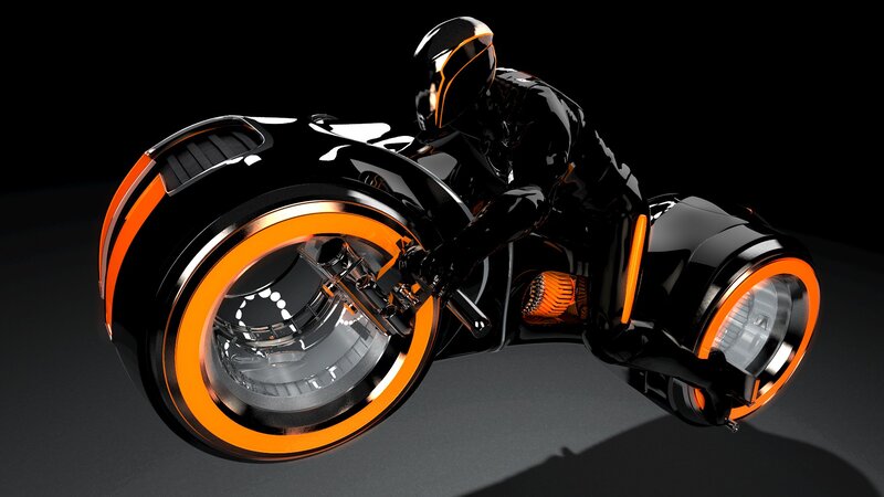Rider on Futuristic Motorcycle — Black, Dramatic, 3d Render