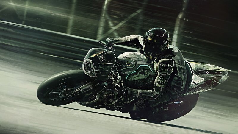 Rider on Futuristic Motorcycle — Black, Dramatic
