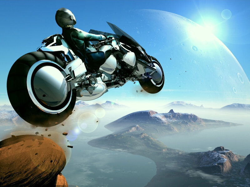 Rider on Futuristic Motorcycle