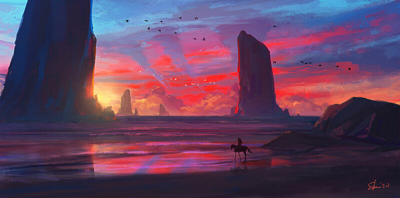 Rider on Horse at Beach — Red