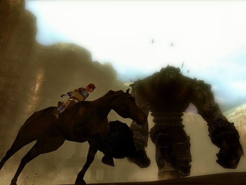 Rider on horse facing giant