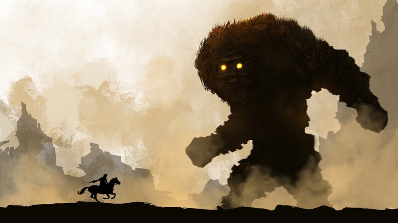 Rider on Horse Facing Giant — Brown, Dramatic