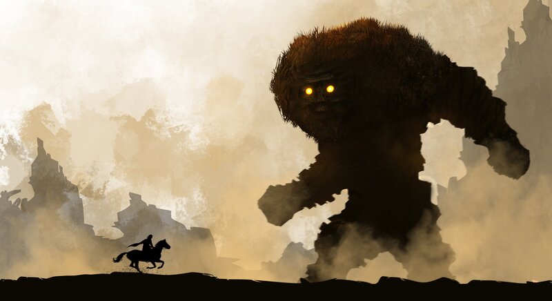 Rider on Horse Facing Giant — Brown