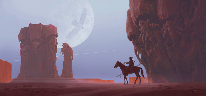 Rider on Horse in Desert — Red, Dramatic, Night