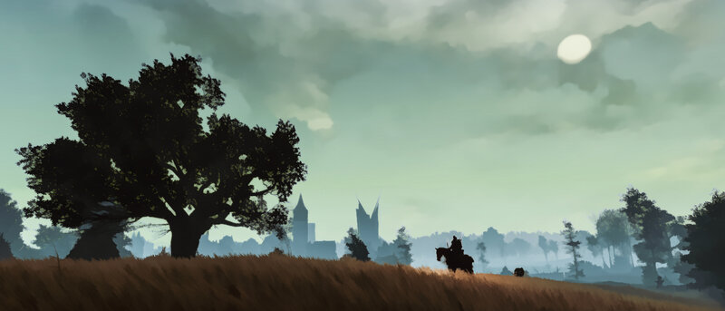 Rider on Horse in Field — Green, Dramatic