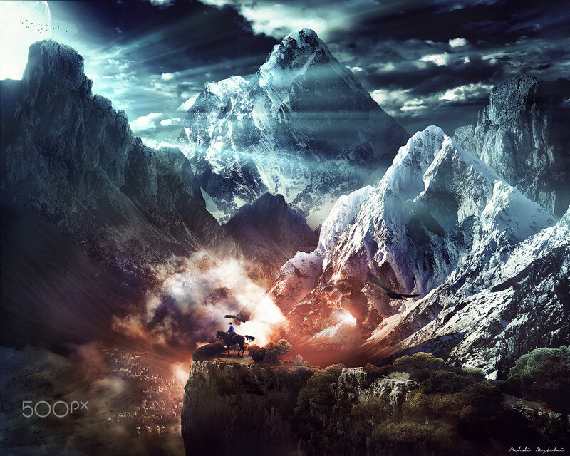Rider on Horse in Mountains — Blue, Dramatic