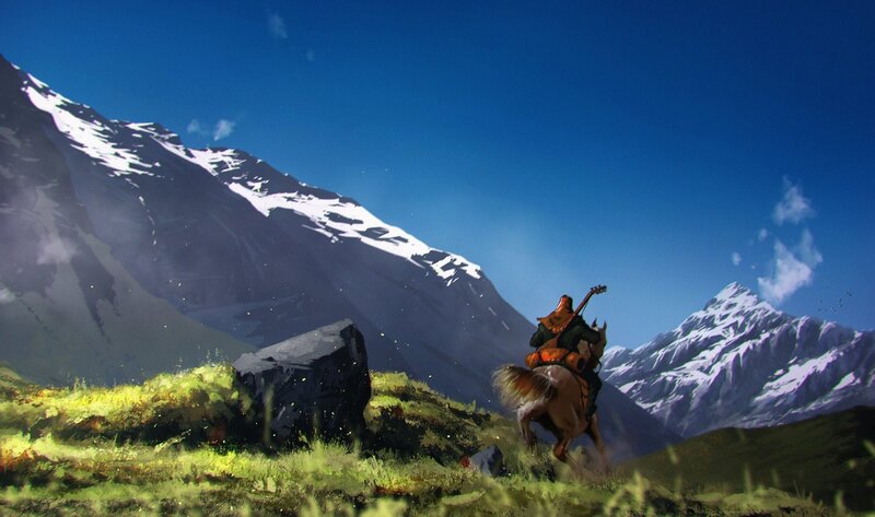 Rider on Horse in Mountains — Blue, Serene