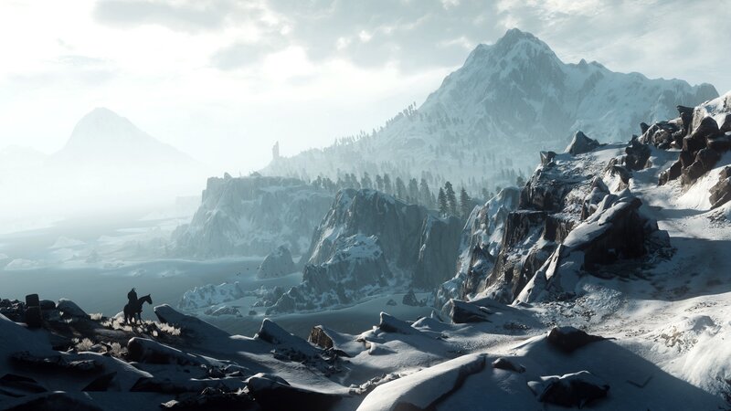 Rider on Horse in Mountains — White