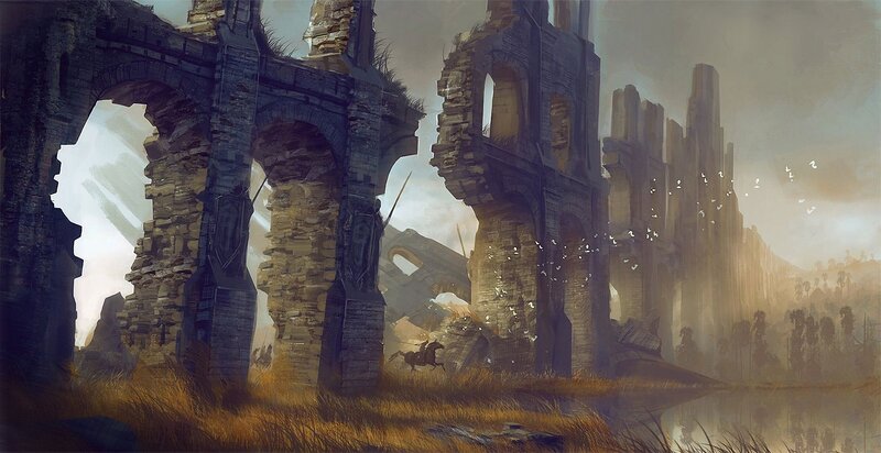 Rider on Horse Through Ruins — Brown