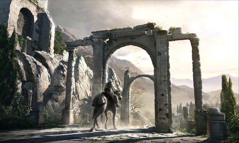 Rider on Horse Through Ruins — Gray
