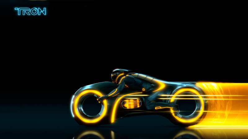 Rider on Light Cycle — Black, Dramatic, Night, Digital Art, Motorcycle, Light Trails, Helmet, Yellow, Blue, Tron