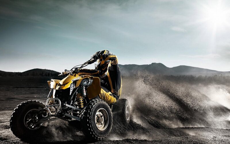 Rider on Yellow ATV — Dynamic, Afternoon, Photograph, Dirt, Mountains, Black, Gray