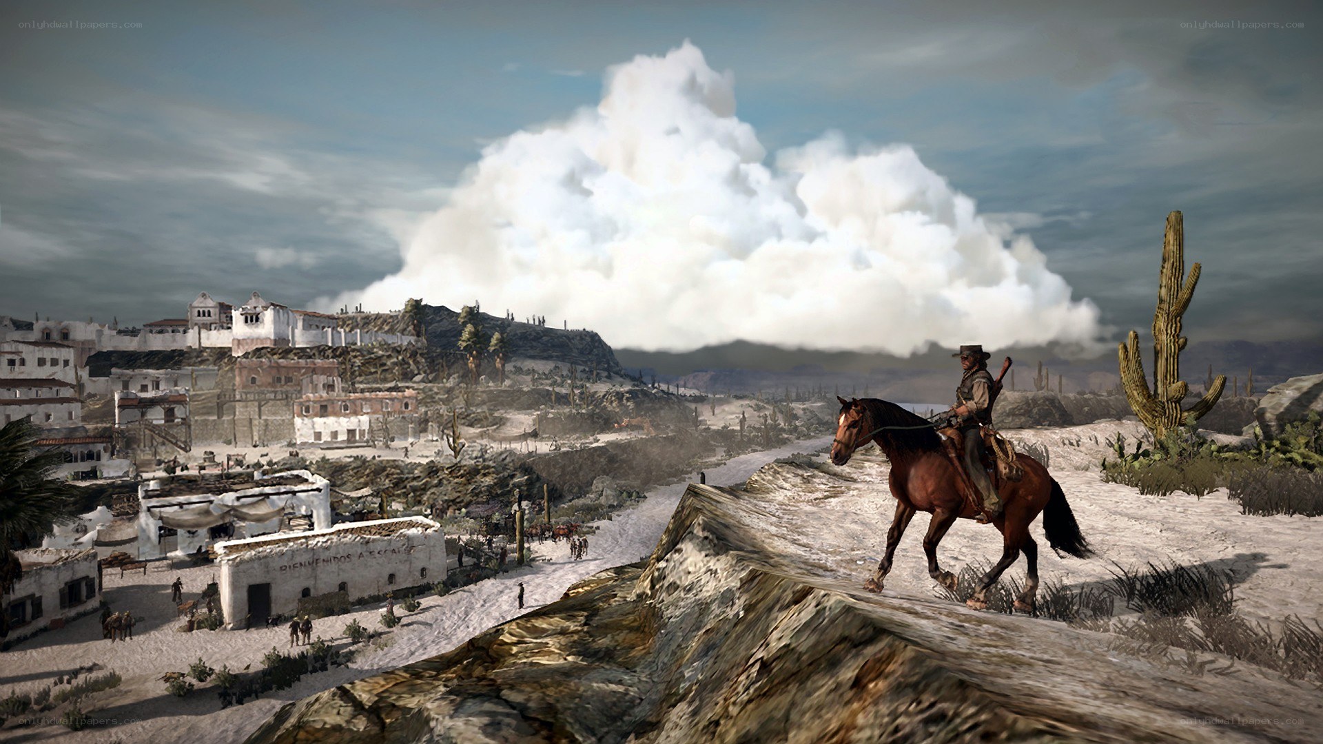 Rider overlooking a desert town