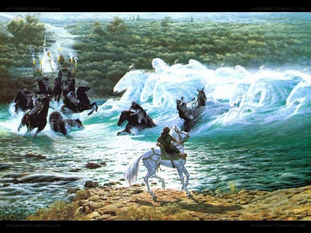 Riders crossing a turbulent river