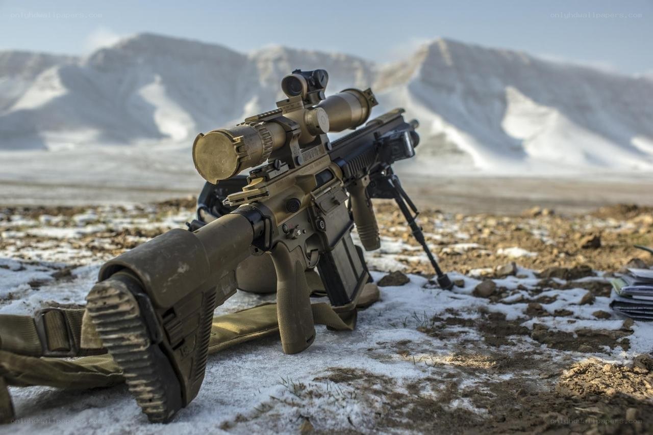 rifle in snowy mountains