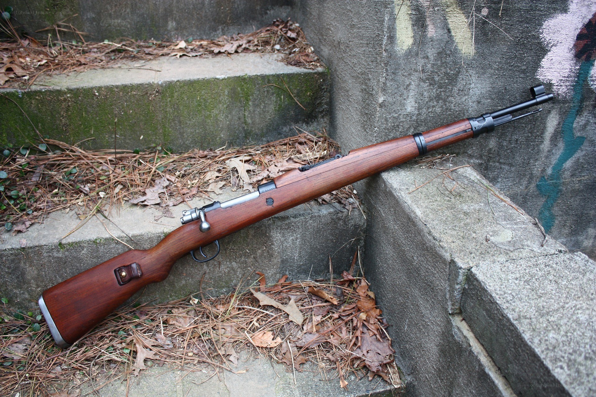 rifle on concrete steps