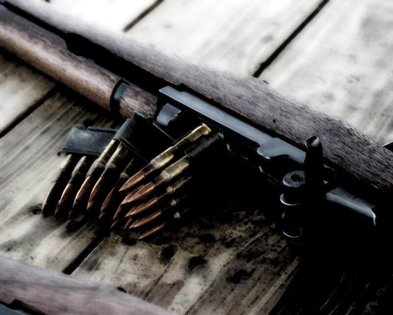 Rifle with Ammunition — Brown, Dramatic, Photograph