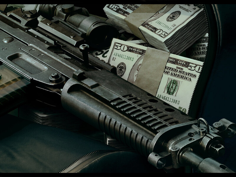 Rifle with Money Stacks