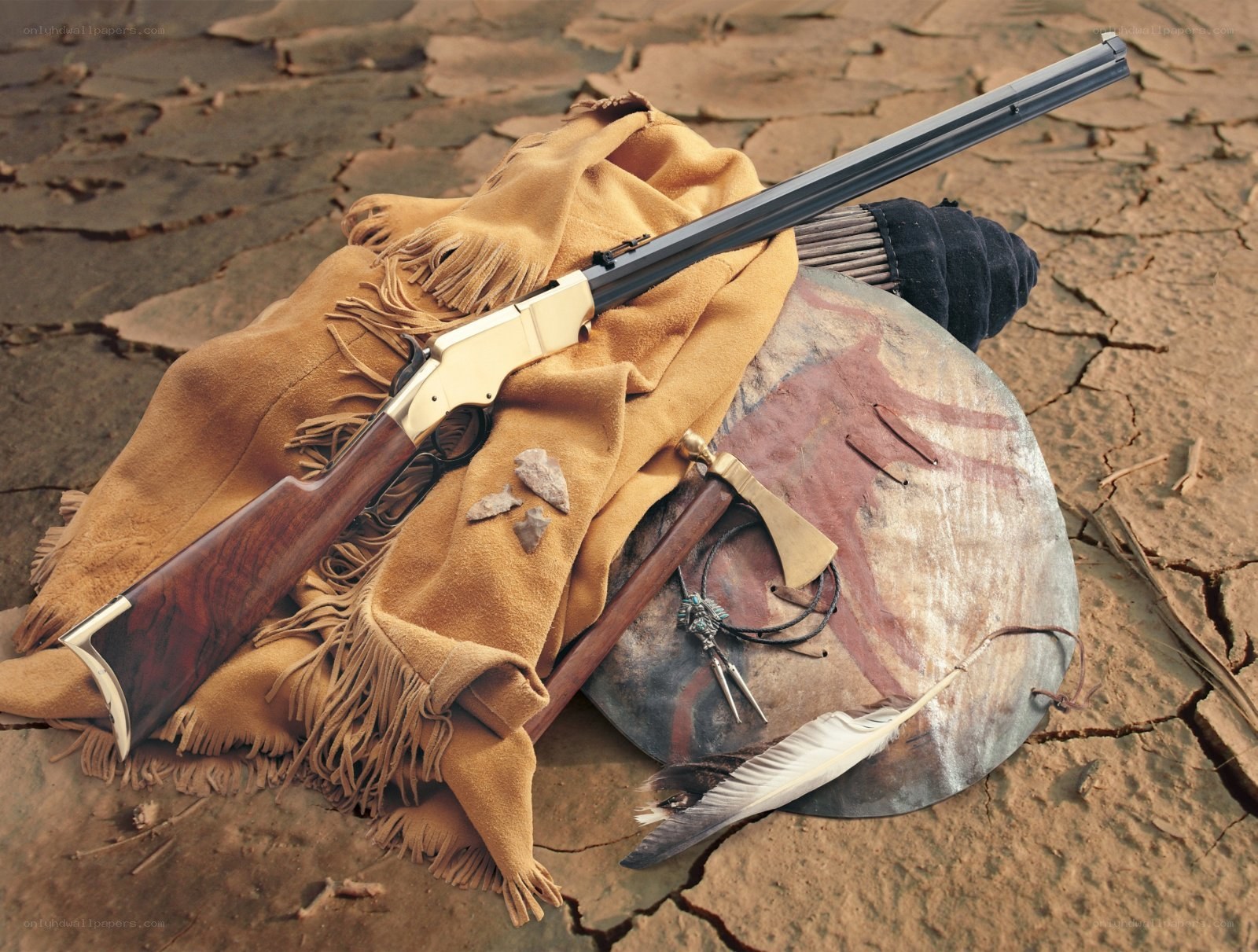Rifle with Native American artifacts
