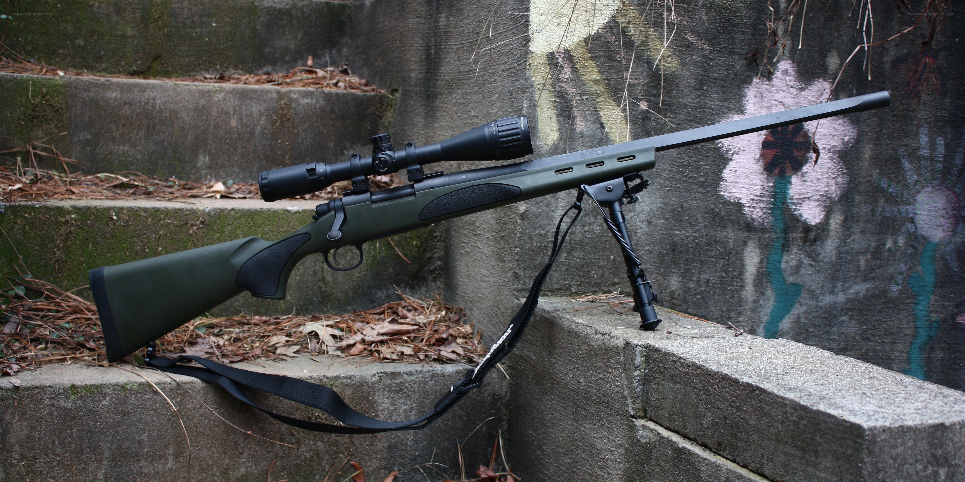 rifle with scope on steps