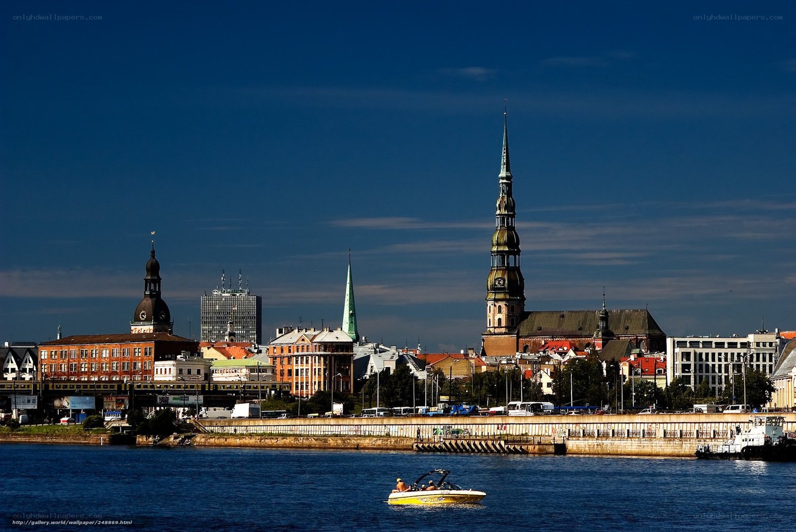 Riga city skyline with boat