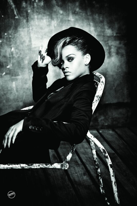 Rihanna in black and white portrait