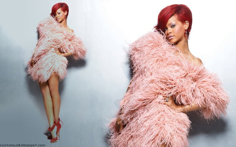 Rihanna in pink feather dress