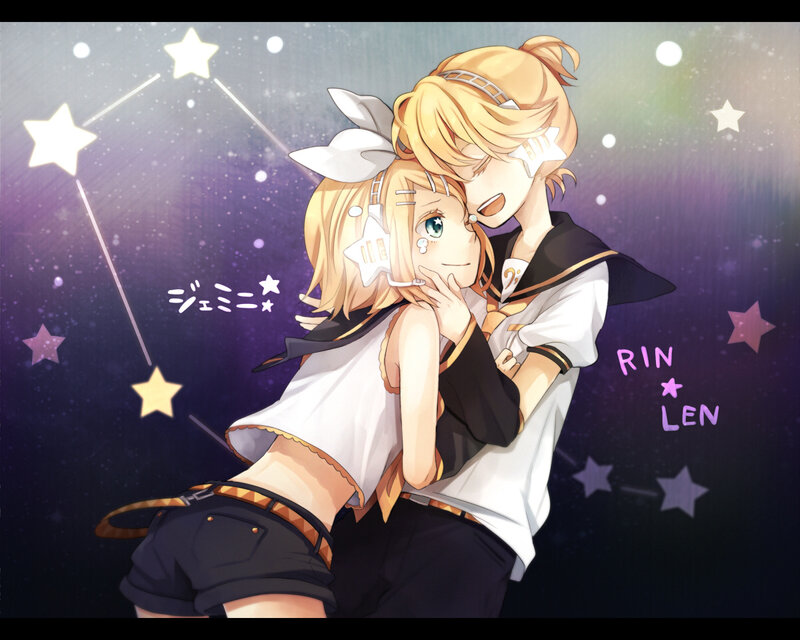 Rin and Len hugging under stars
