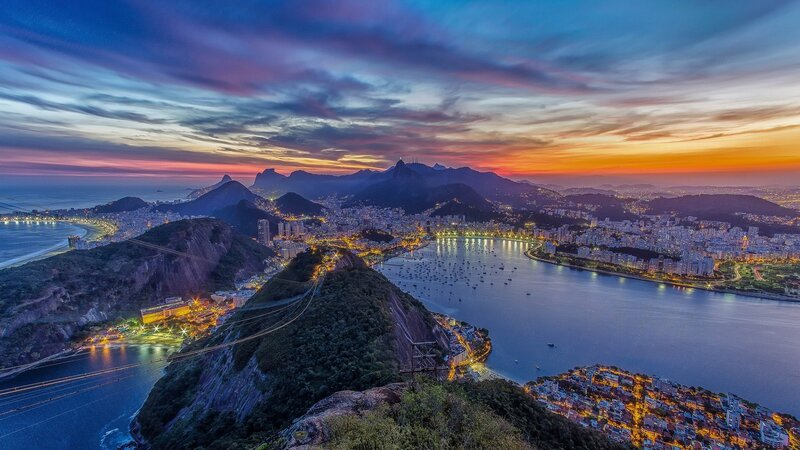Rio De Janeiro Skyline — Blue, Dramatic, Sunset, Photograph, Mountains, Bay, City Lights