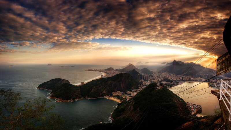 Rio De Janeiro Skyline — Orange, Dramatic, Sunset, Photograph, Mountains, Ocean, Cityscape, Cable Car